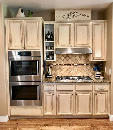 Before: Heavy Glazed and Distressed Cabinets