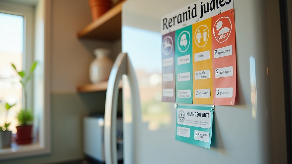 Close-up view of a colorful chart with family rules and rewards on a refrigerator door