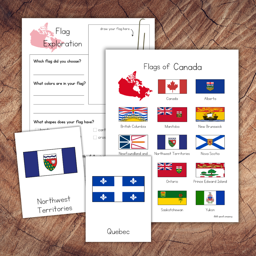 Canadian Provinces and Territories Flags, Montessori 3-Part Cards Printable