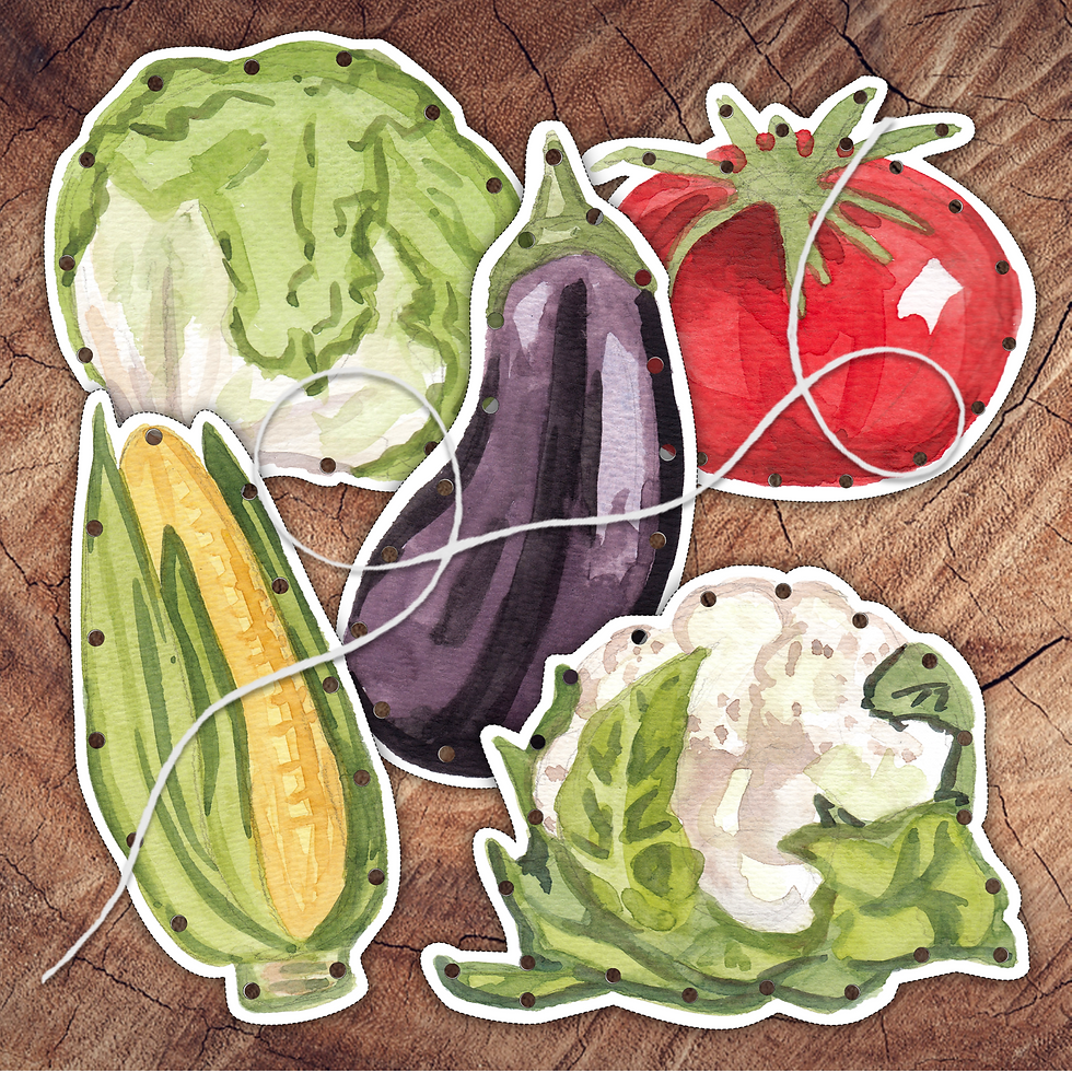 Preview of printable vegetable lacing cards with watercolour illustrations