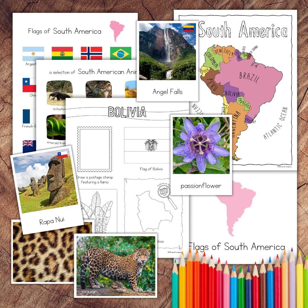 South America continent study bundle with printable maps, flags, animals, landmarks and country geography resources