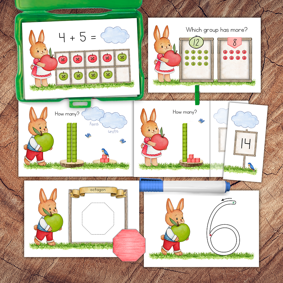 Apple Bunny kindergarten math task card bundle with number sense place value and early operations activities