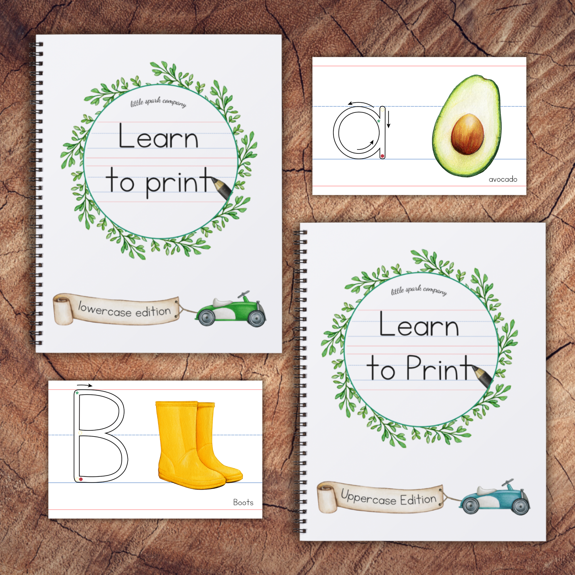 Printable handwriting bundle with Learn to Print uppercase and lowercase workbooks and alphabet primer cards