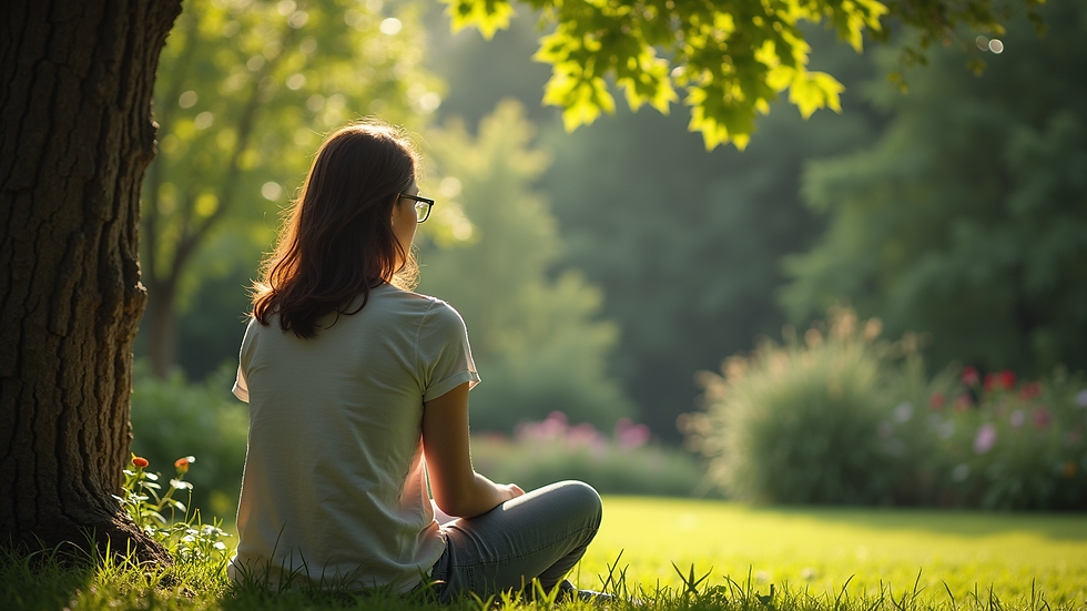 Eye-level view of a person sitting in a peaceful garden, reflecting on their journey