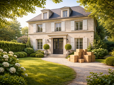Maison individuelle en Île-de-France avec cartons de déménagement devant l’entrée, illustrant un débarras de succession