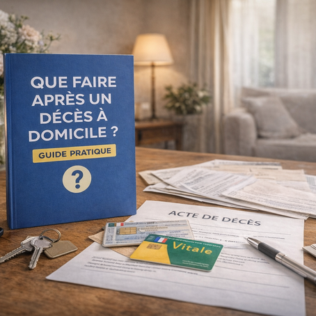 Documents administratifs et guide pratique illustrant les démarches à effectuer après un décès à domicile