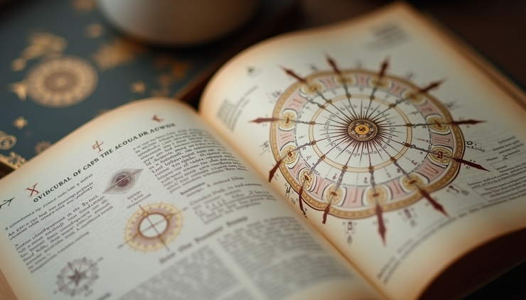 Eye-level view of an open astrology book with a natal chart diagram