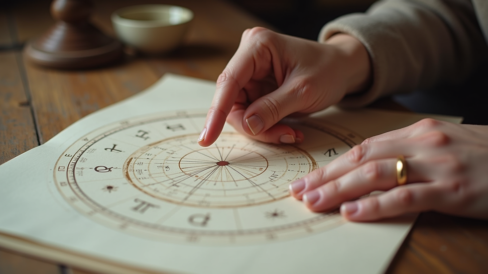 Close-up view of an astrologer’s hands pointing at a natal chart