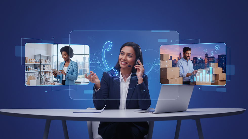 Eye-level view of a customer service representative assisting a business owner over the phone