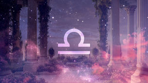Libra symbol over a dreamy columned garden with purple flowers, glittering stars, and soft pink clouds, creating a serene, mystical vibe.
