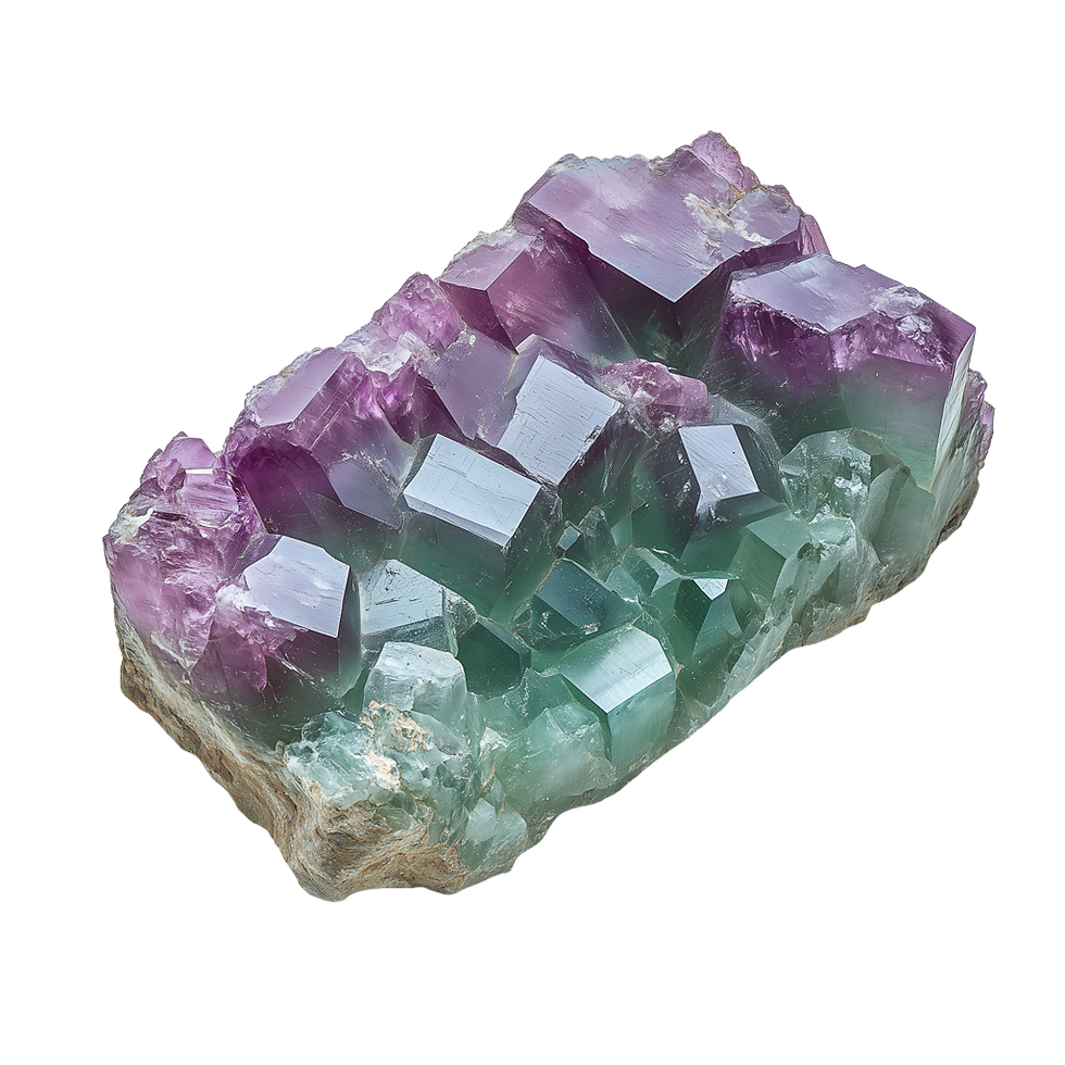 Purple and green fluorite gemstone crystal cluster with smooth faces, slightly transparent. The background is white, highlighting the mineral's vibrant colors.
