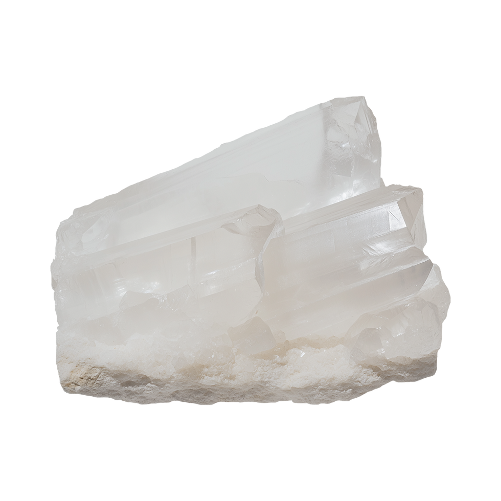 Clear quartz crystal cluster with several transparent, elongated points on a white background. The crystals are glossy and reflective.