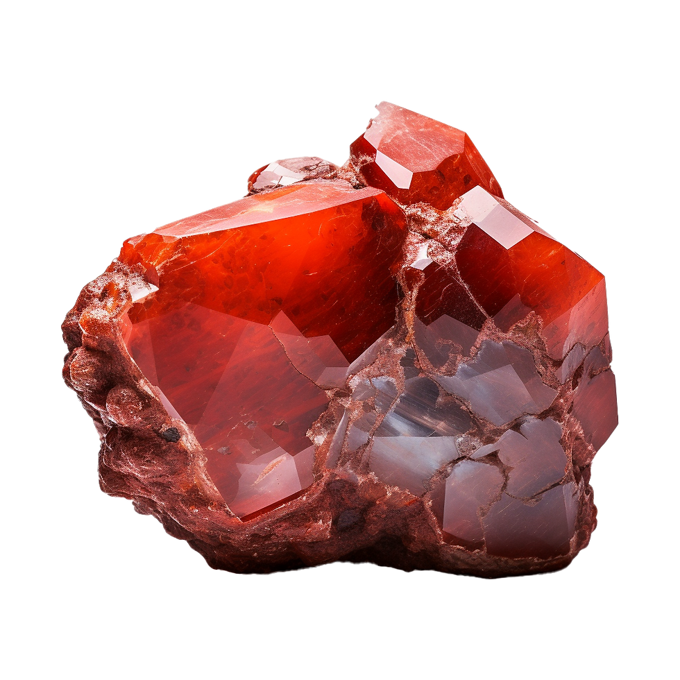 Red crystal with sharp, glossy facets, set against a white background. The vibrant hue contrasts with darker inclusions, creating a striking visual.