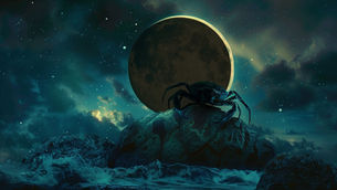 Cancer sign crab on a rock against a starry night sky, with a large dark moon. Ocean waves crash below. Mysterious and serene atmosphere.