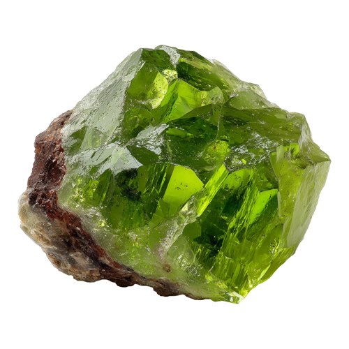 Bright green peridot crystal with sharp facets on a rough, brown base. The crystal is glossy and vibrant, set against a plain white background.