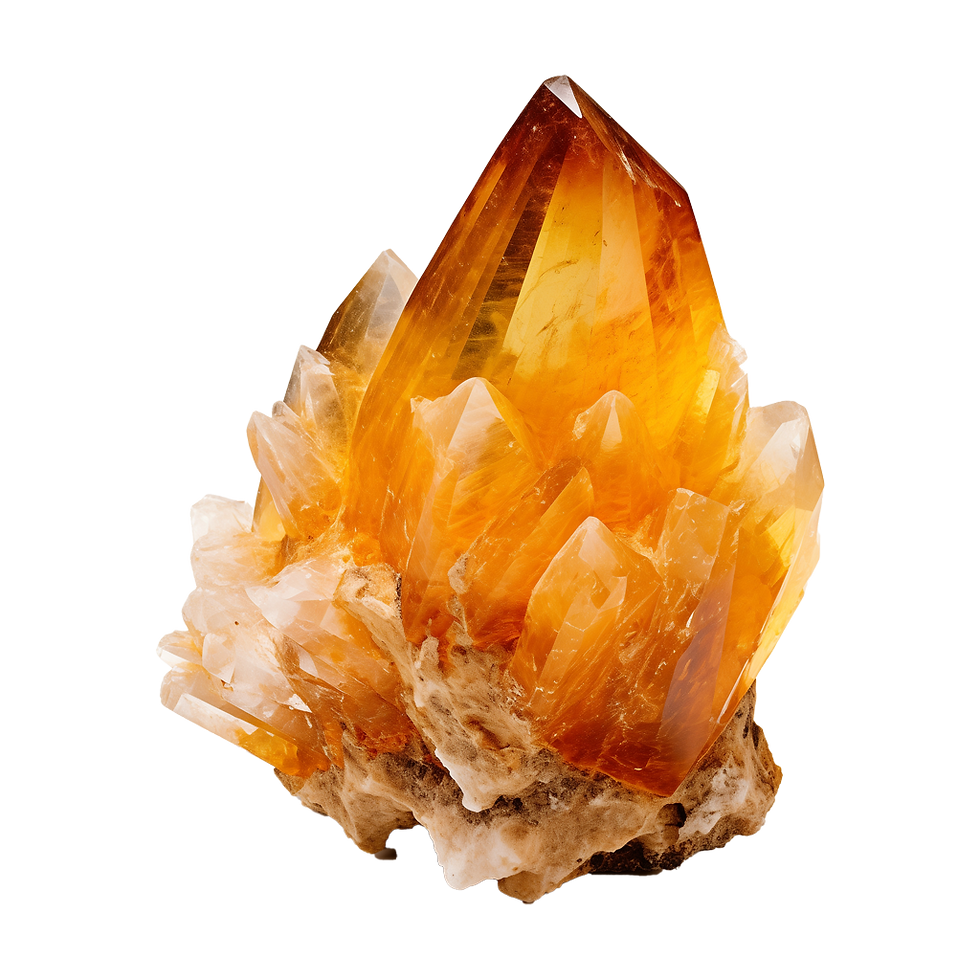 Orange and white crystal formation with sharp facets, resembling citrine, against a plain white background. It emits a warm, radiant glow.