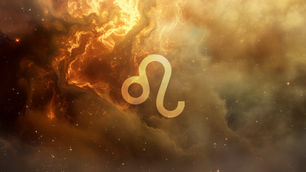 Leo zodiac symbol over a glowing, swirling orange nebula with stars in space, creating a mystical and cosmic atmosphere.