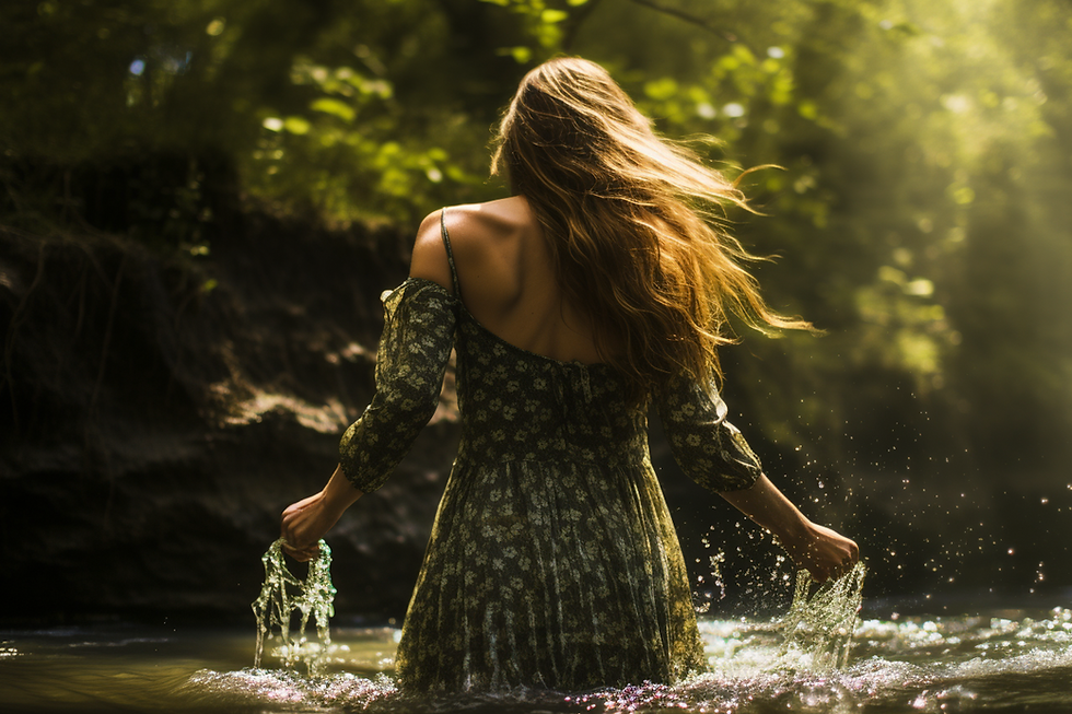 Woman in a pretty green dress with flowers on walking through a river in touch with nature.