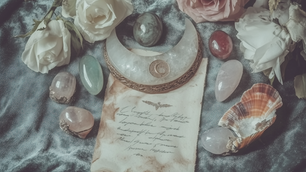 lay of Cancer zodiac gemstones — moonstone, rose quartz, ruby, emerald, aquamarine, and carnelian — arranged in a crescent shape on soft velvet with moonlight, seashells, and rose petals, symbolizing emotional healing, intuition, and nurturing energy