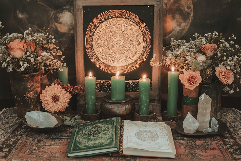 Candles and crystals on a table with floral decor, open and closed mystical books. Warm glow creates an enchanting, mysterious mood.