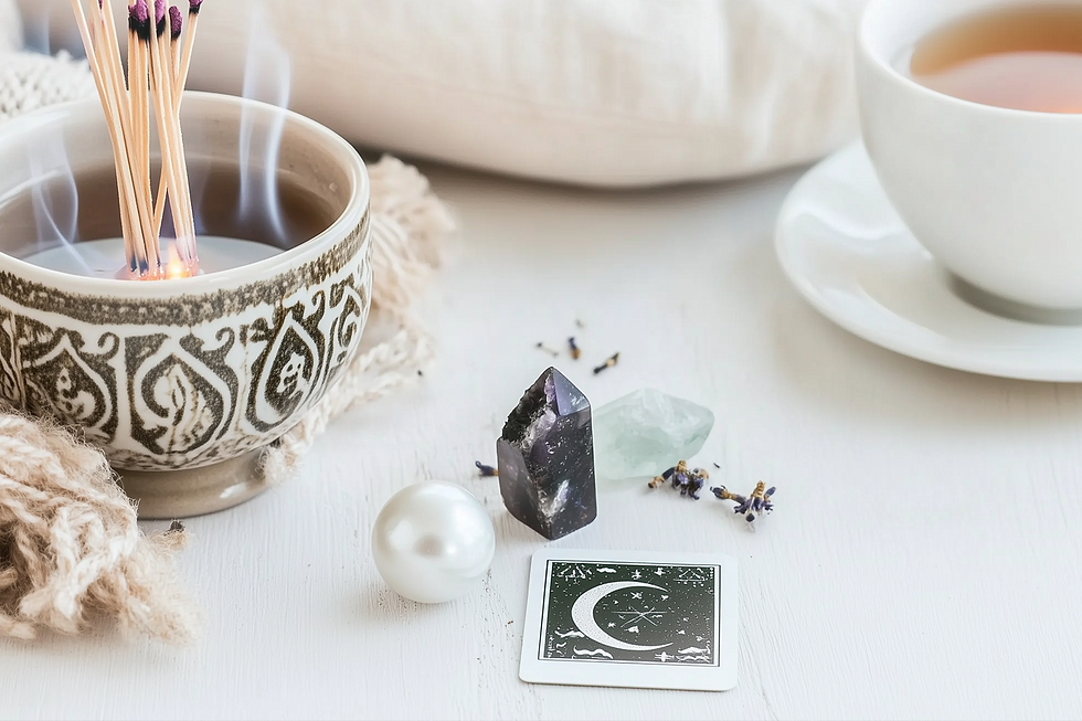Pisces ritual with incense in decorative bowl, amethyst crystal, card with crescent moon, pearl, lavender, and tea cup on white background. Calm, serene vibe.