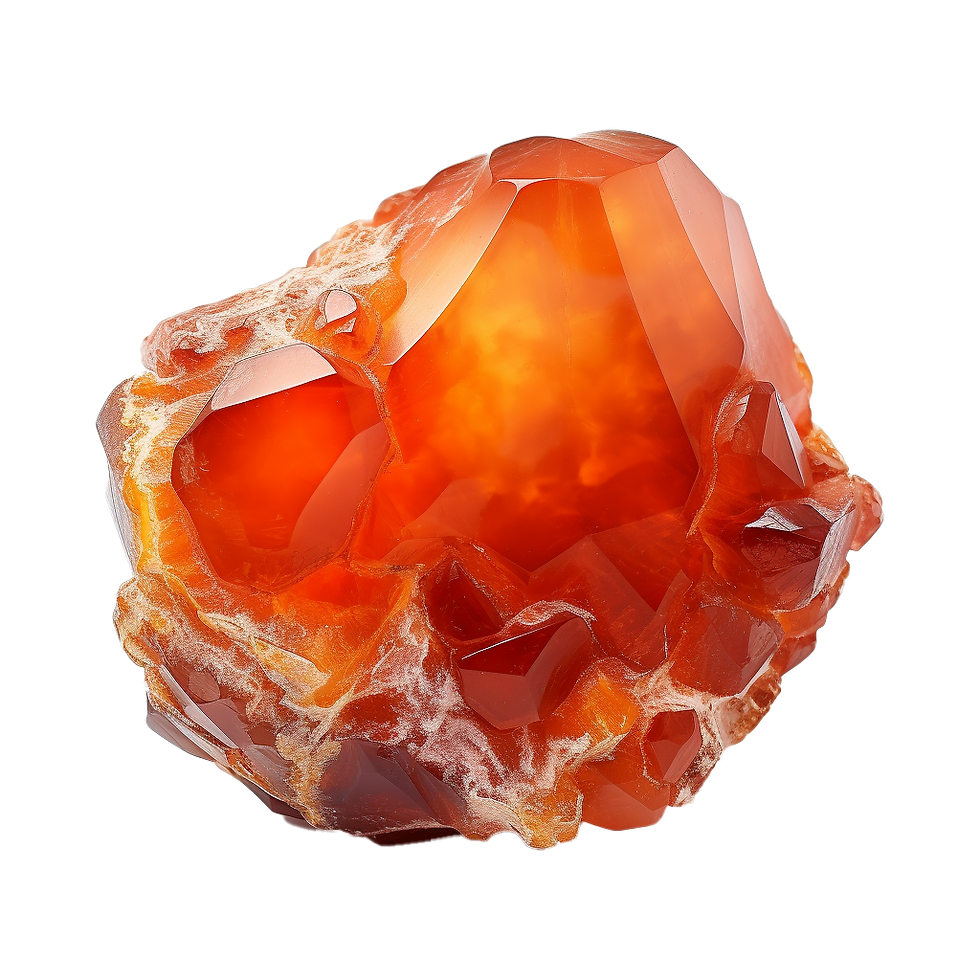 Vibrant orange carnelian crystal with smooth and jagged facets, glowing from within. White background enhances its fiery hues.
