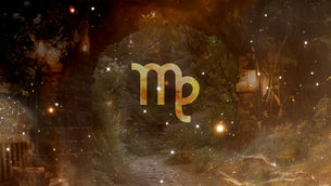 Virgo symbol on a cosmic background with a faded secret garden