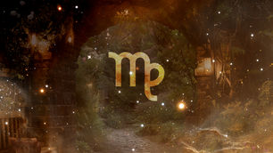 Virgo symbol on a cosmic background with a faded secret garden