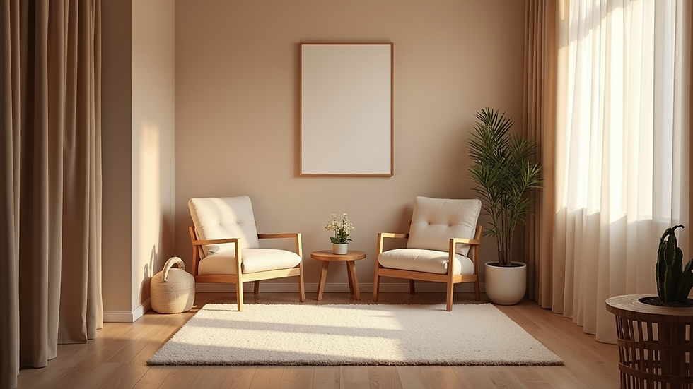 Eye-level view of a cozy therapy room with soft lighting and comfortable chairs