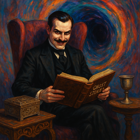 A Man in tails and funeral attire (Not Hat) sits on a wingbacked chair he has moustache, he has a sinister smirk. he is reading from a large leather bound book of ghost stories. a table with an ornate box and a silver chalice on it. The bac.png