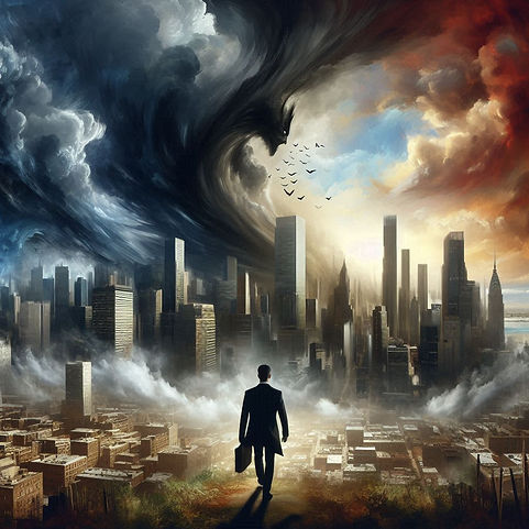 an epic painting of a dark shadow engulfing a beautiful metropolis with a solo man in a business suit in a modern setting.png