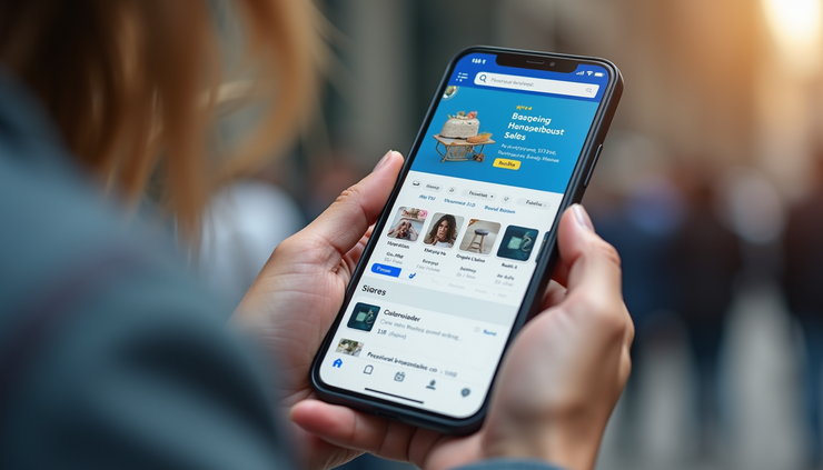 Eye-level view of a smartphone displaying a Facebook Shop product page with clear images and descriptions