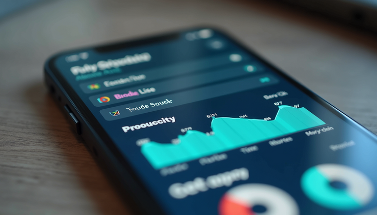 Eye-level view of a smartphone displaying a productivity app dashboard with colorful task lists and charts