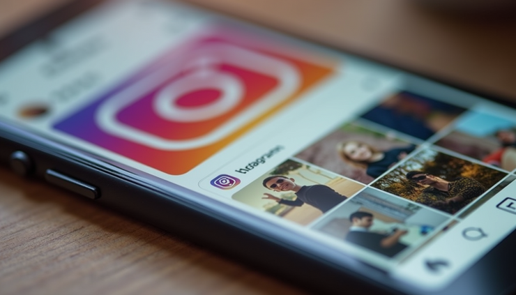 Eye-level view of a smartphone screen showing an Instagram feed with diverse posts and engagement icons