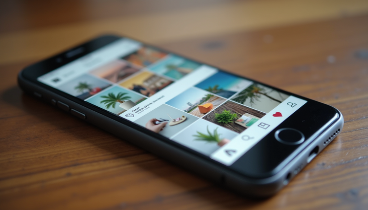 Eye-level view of a smartphone displaying an Instagram feed with colorful, well-organized posts