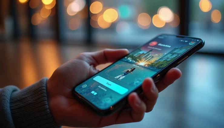 Eye-level view of a smartphone screen showing a vibrant social media feed with engaging posts