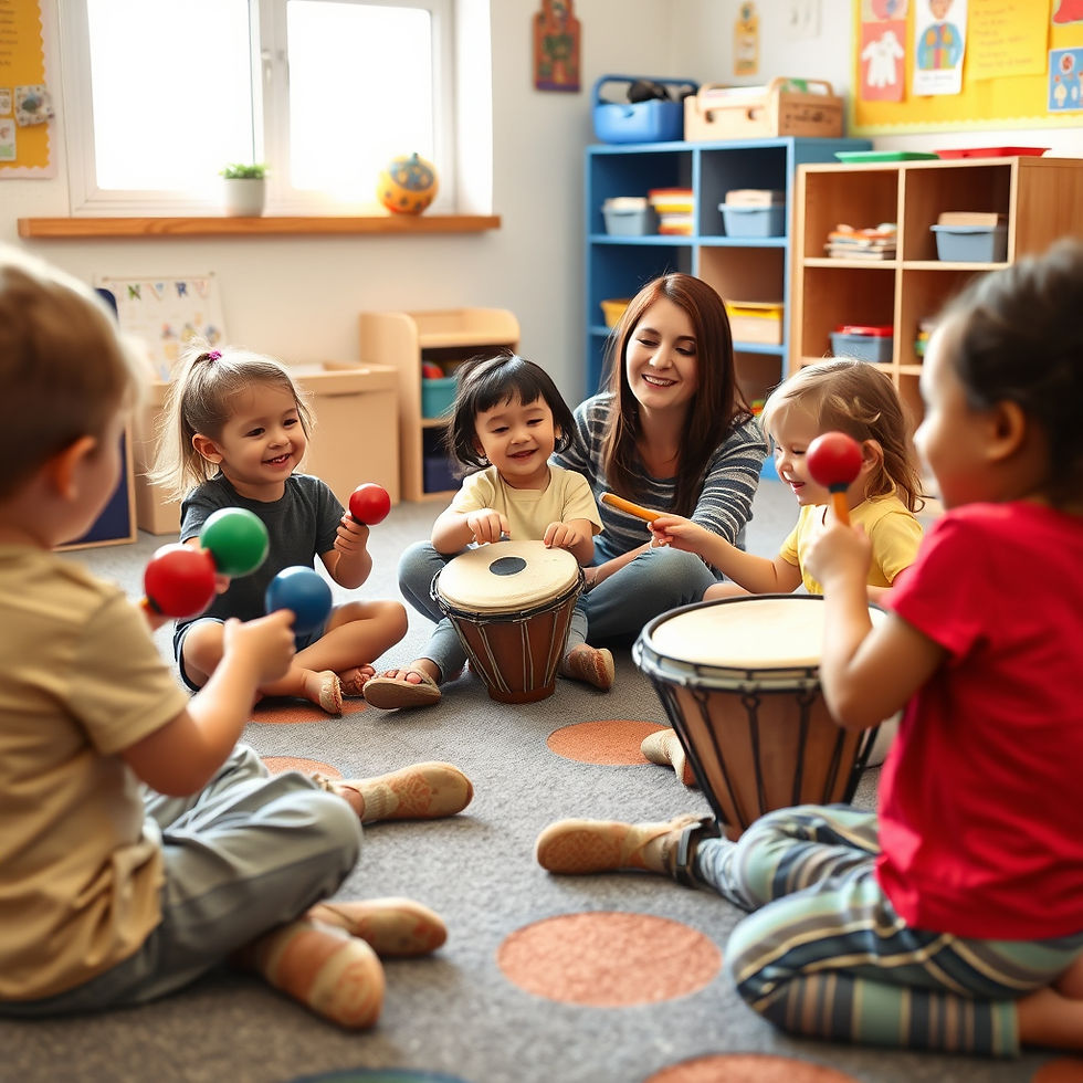 preschool music class with teacher sitting on carpet in a preschool classroom. students ar