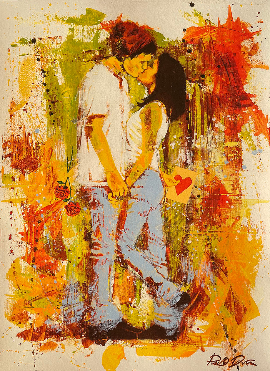 Signed romantic couple art print "For Love In A Strange Time" by Phil Davis. Stylized embrace in warm yellow, orange and red.