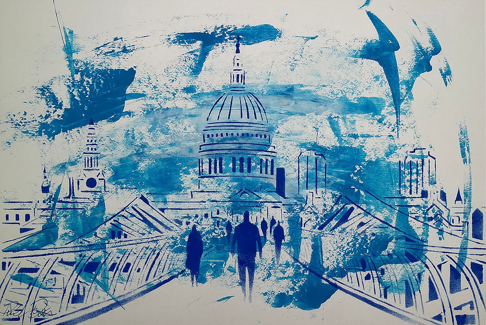Thumbnail: Signed St Paul's London art print "The Individual in the Crowd" by Phil Davis. Millennium Bridge blue cityscape.