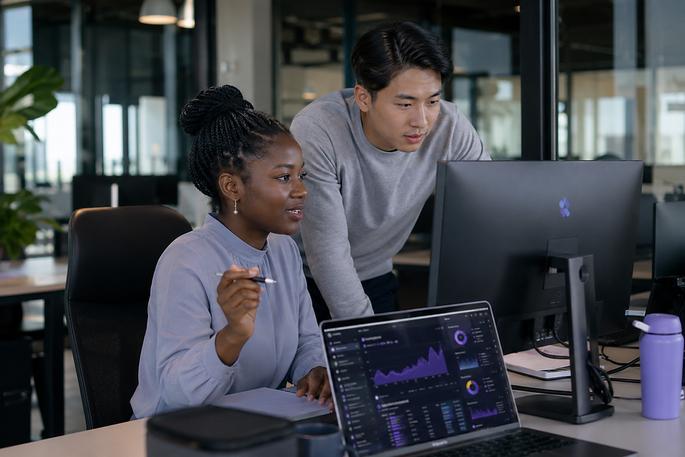 Two coworkers review analytics charts on a laptop in a modern office, focused and collaborative.
