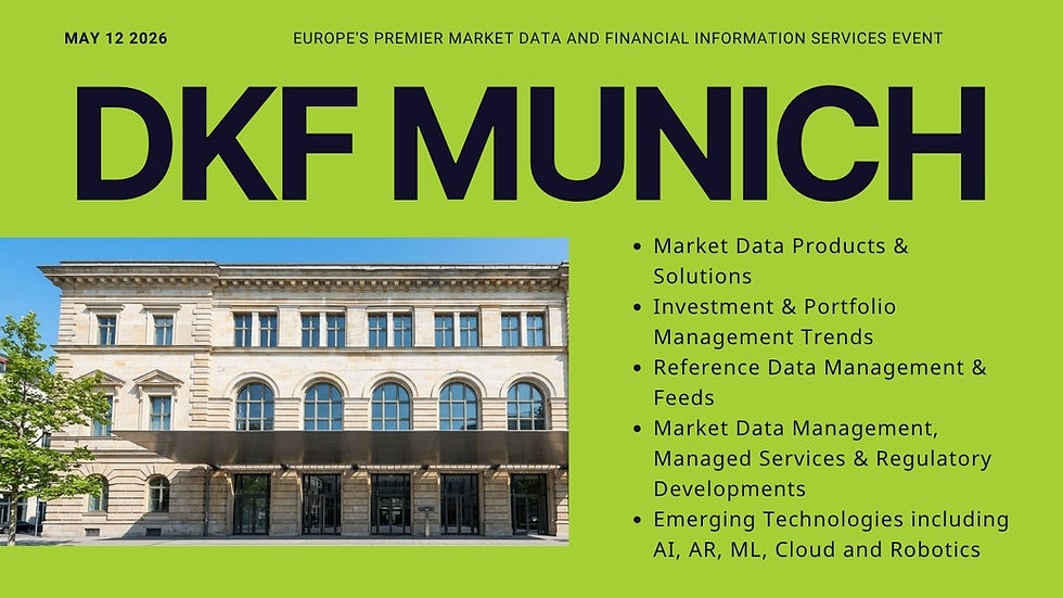 Green flyer for "DKF Munich" event on May 12, 2026. Includes a building image and topics like market data, AI, and investments.
