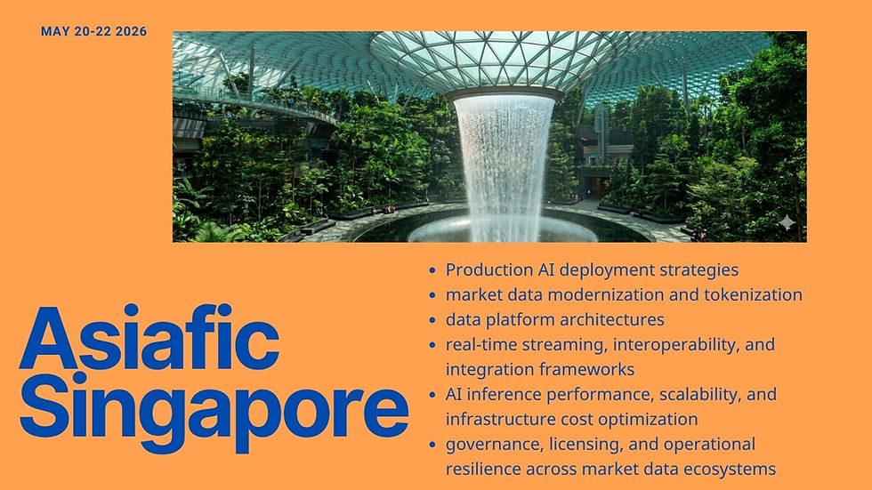 Text on orange background: Asiafic Singapore, May 20-22, 2026. Image of a large indoor waterfall surrounded by lush greenery. Topics: AI strategies.