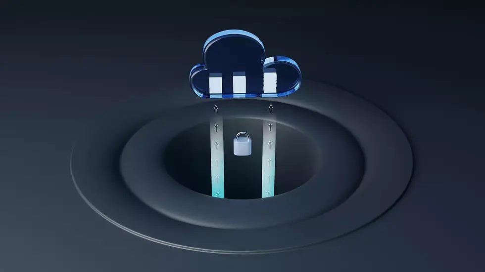 3D cloud icon above a digital lock, with arrows pointing upwards. Set against a dark gradient background, symbolizing cloud security.