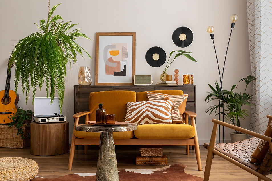 Vintage and cozy space of dining room with mock up poster frame, yellow sofa, wooden coffe