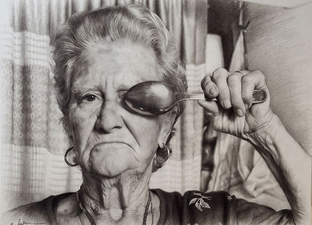 39.	Hyperrealistic black-and-white portrait of an elderly woman holding a spoon over one eye with a stern expression. The drawing foregrounds aging skin texture, psychological presence, and tonal precision.