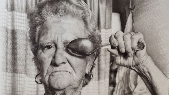 39.	Hyperrealistic black-and-white portrait of an elderly woman holding a spoon over one eye with a stern expression. The drawing foregrounds aging skin texture, psychological presence, and tonal precision.