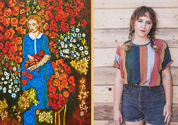 Picasso and Klimt-inspired painting on a seated woman surrounded by flowers and a photograph of a woman standing in front of a wood wall.
