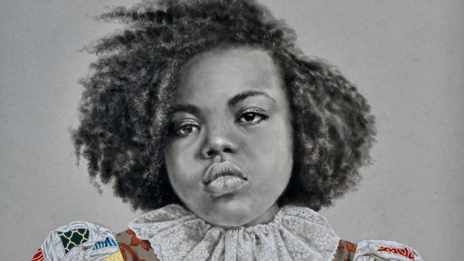 Hyper realistic portrait drawing of a young girl with highly detailed grayscale facial rendering contrasted against richly patterned and colorful textile garments. The juxtaposition of realism and decorative surface is central to the composition.
