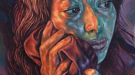 Oil painting in dark tones of a young woman looking away with a sad expression and holding a cloth to her face.