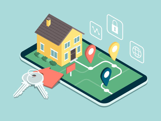 Digital property management illustration showing a house, smartphone, keys, and tracking icons representing organised systems and modern property management technology.